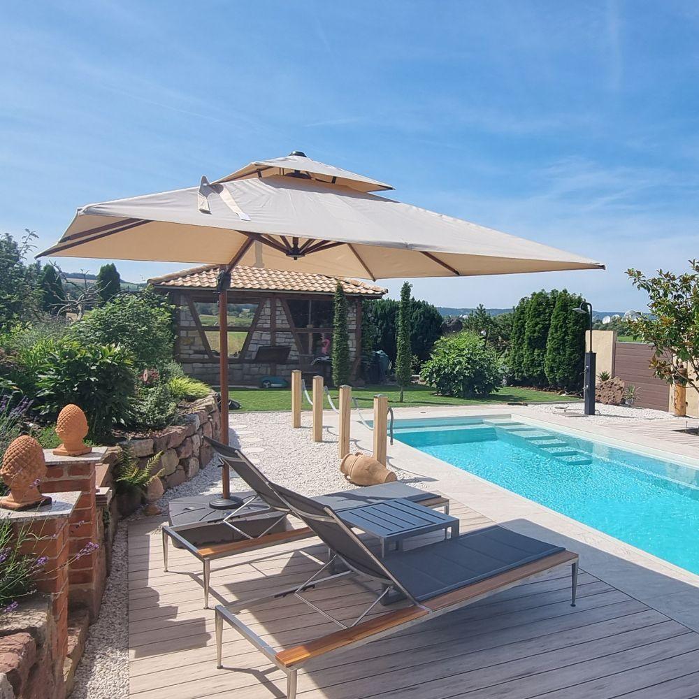 PURPLE LEAF Double Top 9 / 10 / 11 / 12 ft Square Aluminum Sun Umbrellas in Wood Color - Image 100