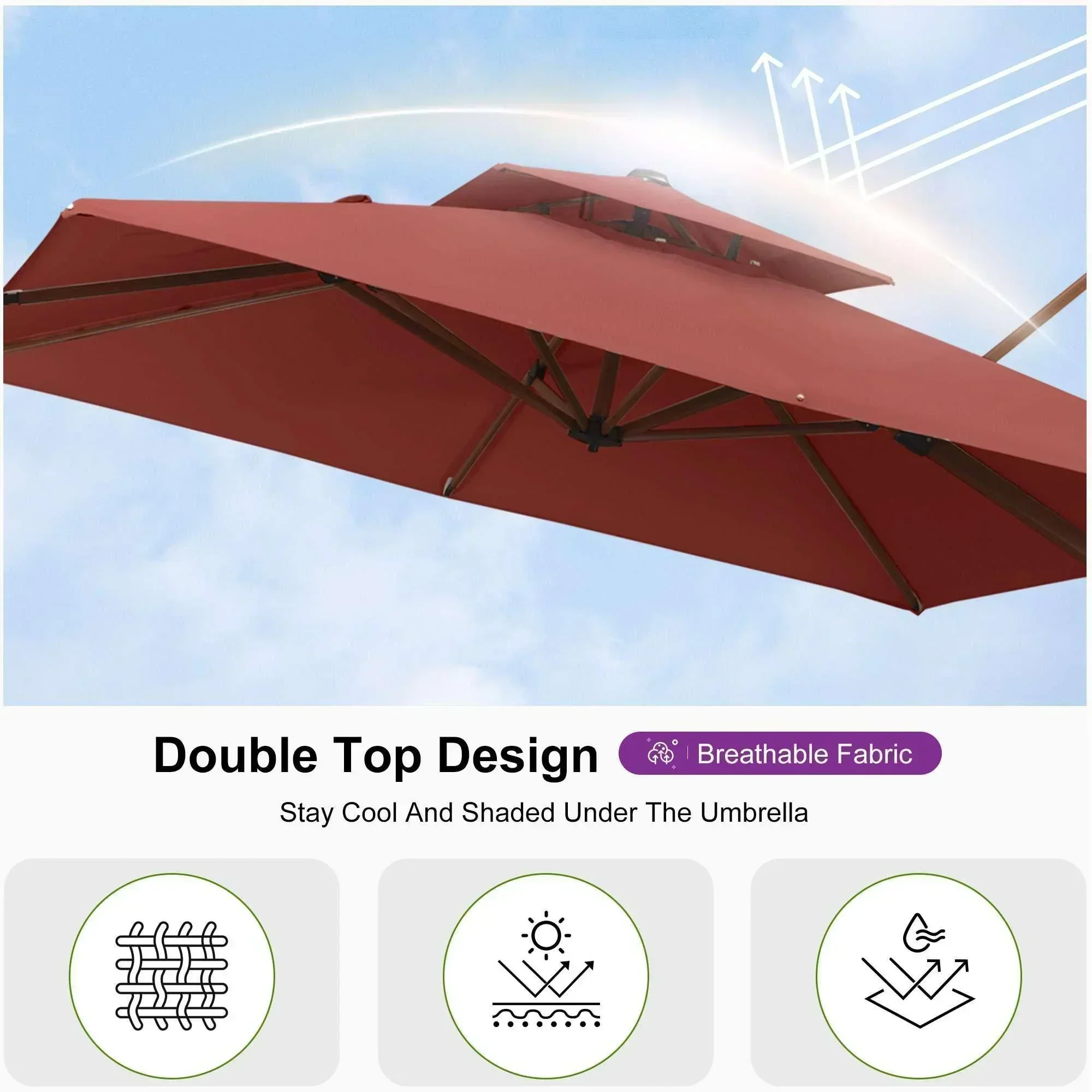 PURPLE LEAF Double Top 9 / 10 / 11 / 12 ft Square Aluminum Sun Umbrellas in Wood Color - Image 134