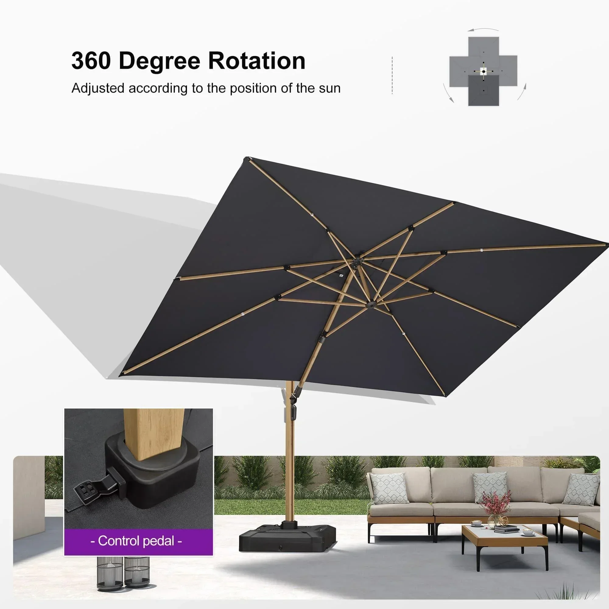 PURPLE LEAF Wood Grain Cantilever Patio Umbrella Aluminum Outdoor Umbrellas - Image 206