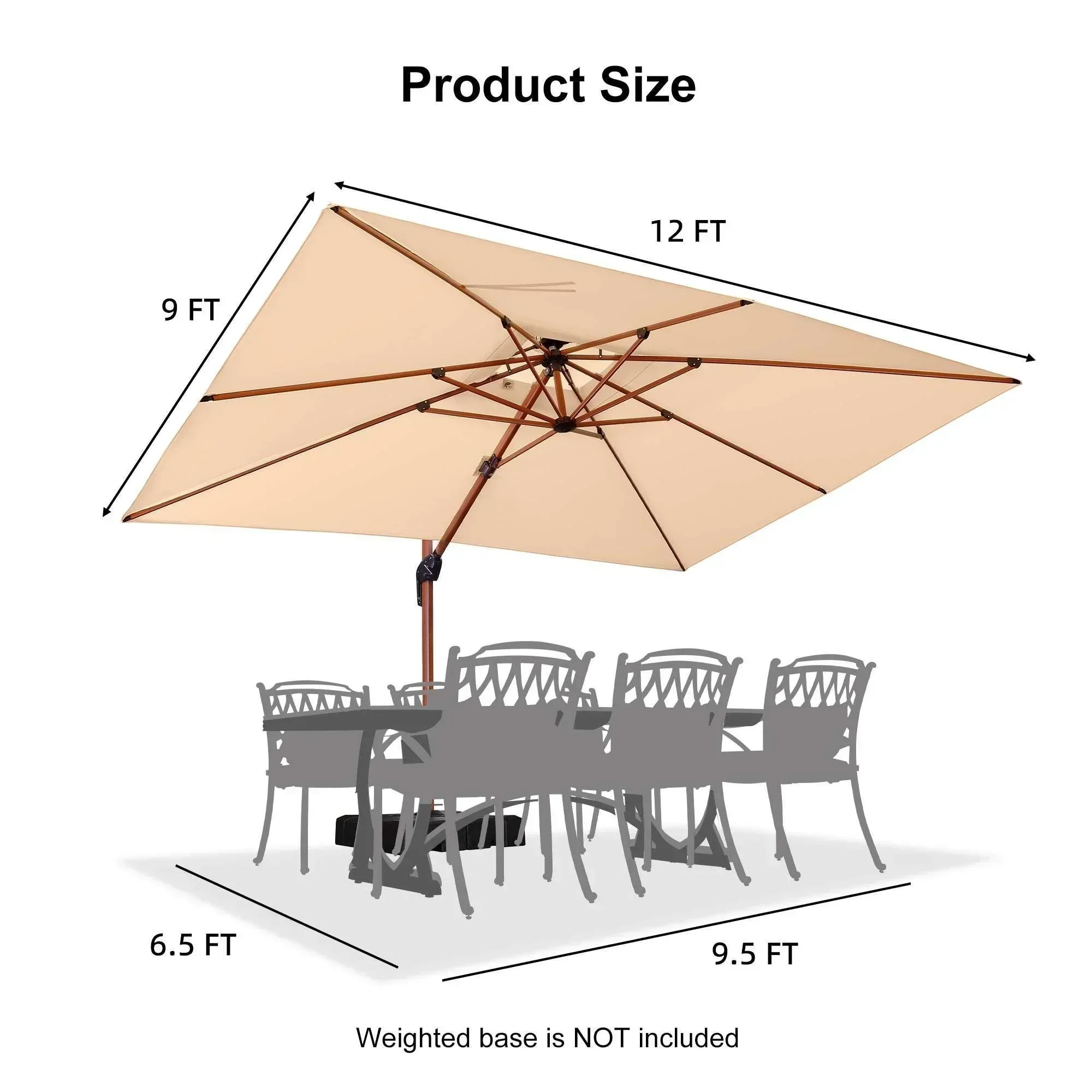 PURPLE LEAF 9 x 12 / 10 x 13 ft Rectangular Patio Umbrella Aluminum Cantilever Umbrella in Wood Color - Image 79