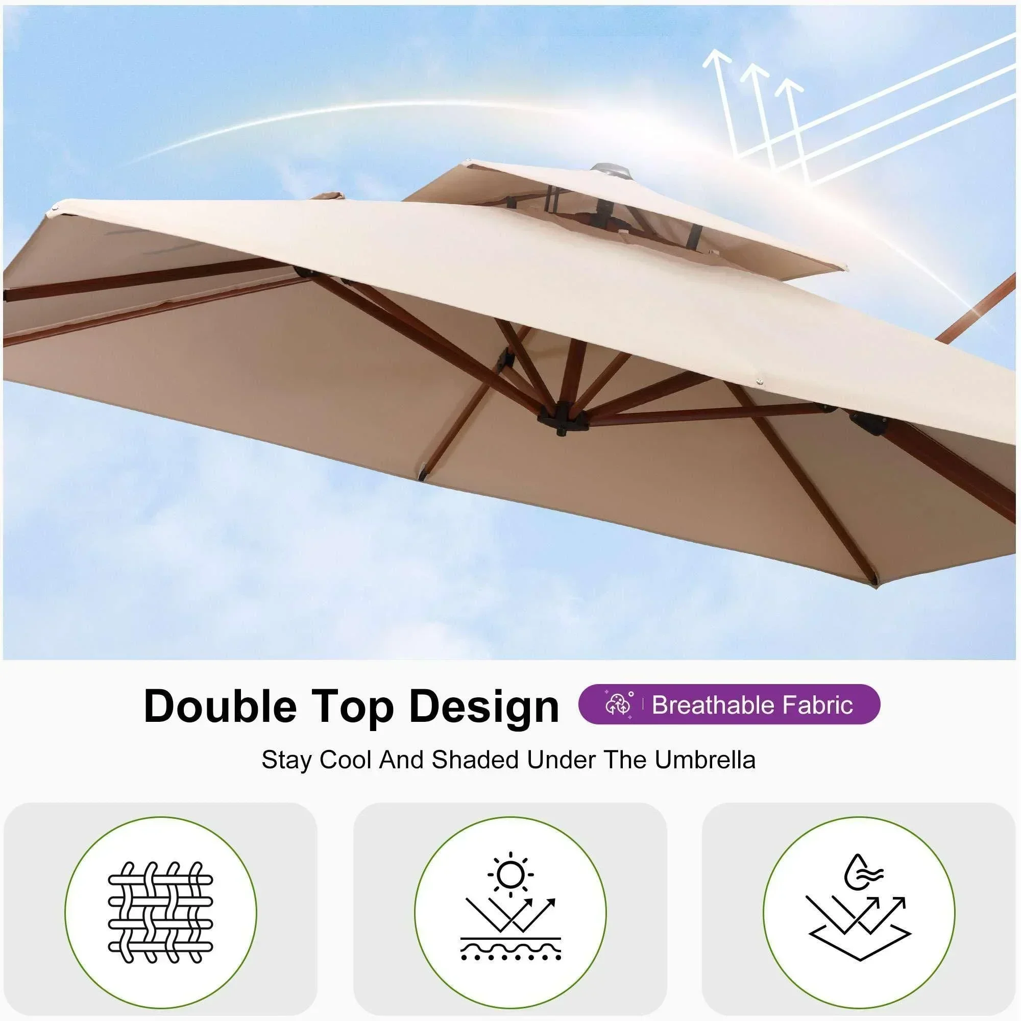 PURPLE LEAF 9 x 12 / 10 x 13 ft Rectangular Patio Umbrella Aluminum Cantilever Umbrella in Wood Color - Image 93