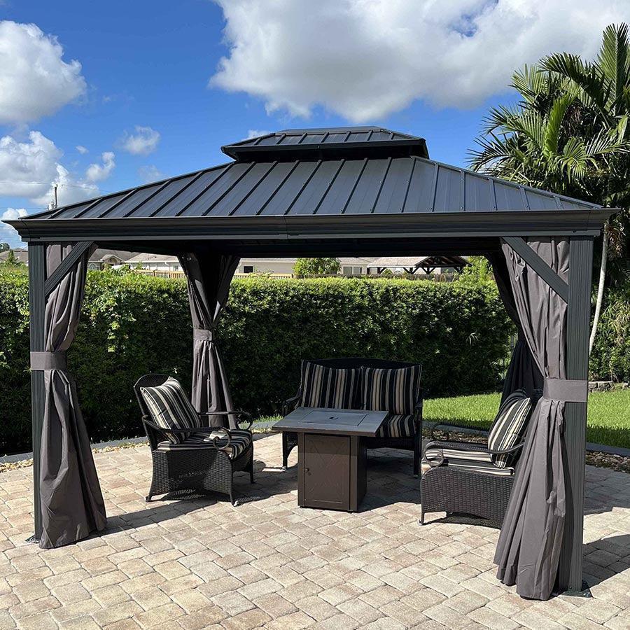 PURPLE LEAF Patio Gazebo for Backyard Grey Hardtop Galvanized Steel Roof Awning with Upgrade Curtain - Image 100