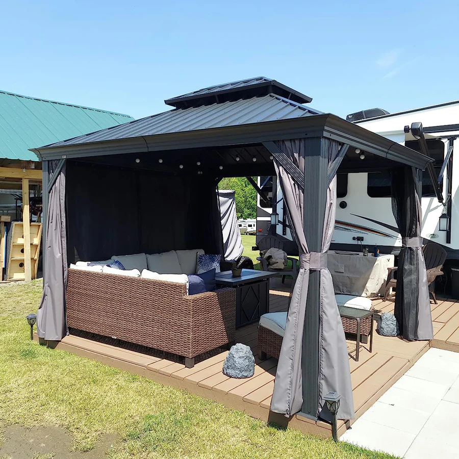 PURPLE LEAF Patio Gazebo for Backyard Grey Hardtop Galvanized Steel Roof Awning with Upgrade Curtain - Image 115