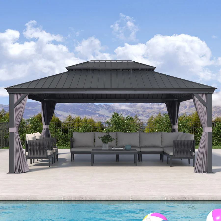 PURPLE LEAF Patio Gazebo for Backyard Grey Hardtop Galvanized Steel Roof Awning with Upgrade Curtain - Image 116