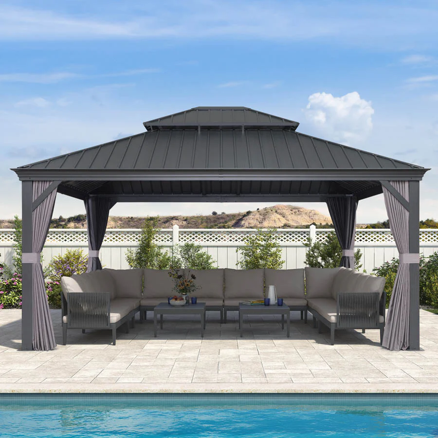 PURPLE LEAF Patio Gazebo for Backyard Grey Hardtop Galvanized Steel Roof Awning with Upgrade Curtain - Image 119