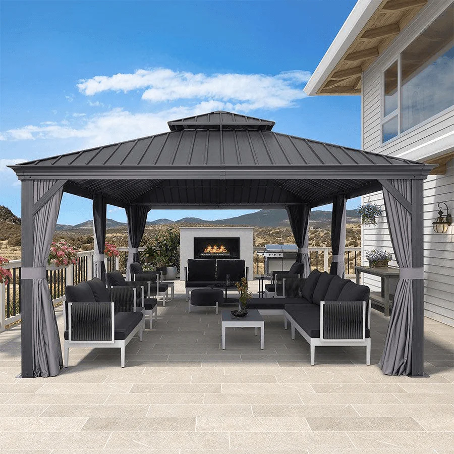 PURPLE LEAF Patio Gazebo for Backyard Grey Hardtop Galvanized Steel Roof Awning with Upgrade Curtain - Image 125