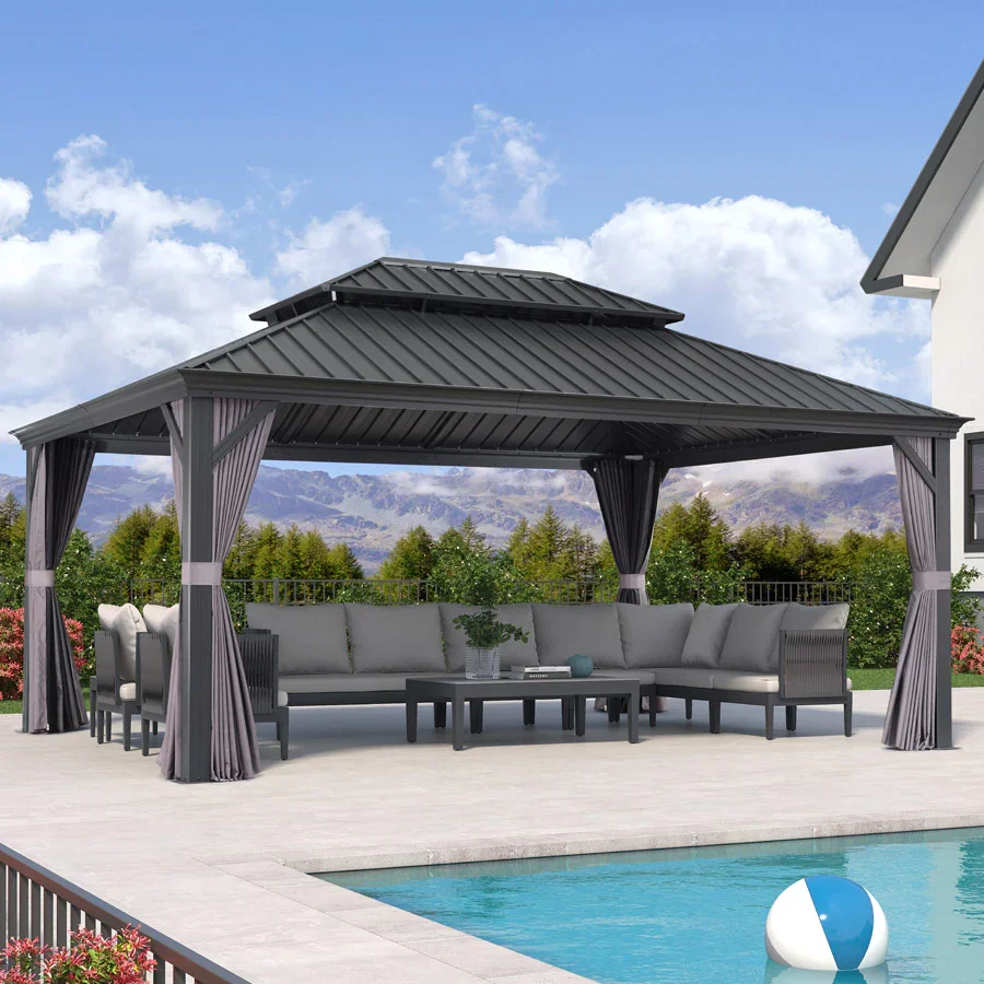 PURPLE LEAF Patio Gazebo for Backyard Grey Hardtop Galvanized Steel Roof Awning with Upgrade Curtain - Image 126