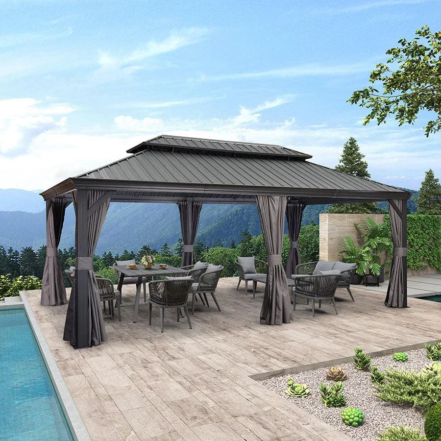 PURPLE LEAF Patio Gazebo for Backyard Grey Hardtop Galvanized Steel Roof Awning with Upgrade Curtain - Image 130