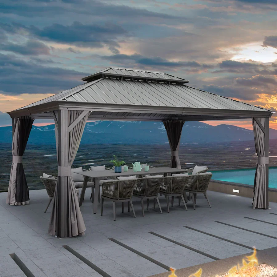 PURPLE LEAF Patio Gazebo for Backyard Grey Hardtop Galvanized Steel Roof Awning with Upgrade Curtain - Image 137