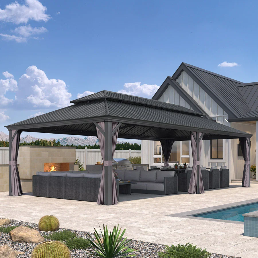 PURPLE LEAF Patio Gazebo for Backyard Grey Hardtop Galvanized Steel Roof Awning with Upgrade Curtain - Image 138