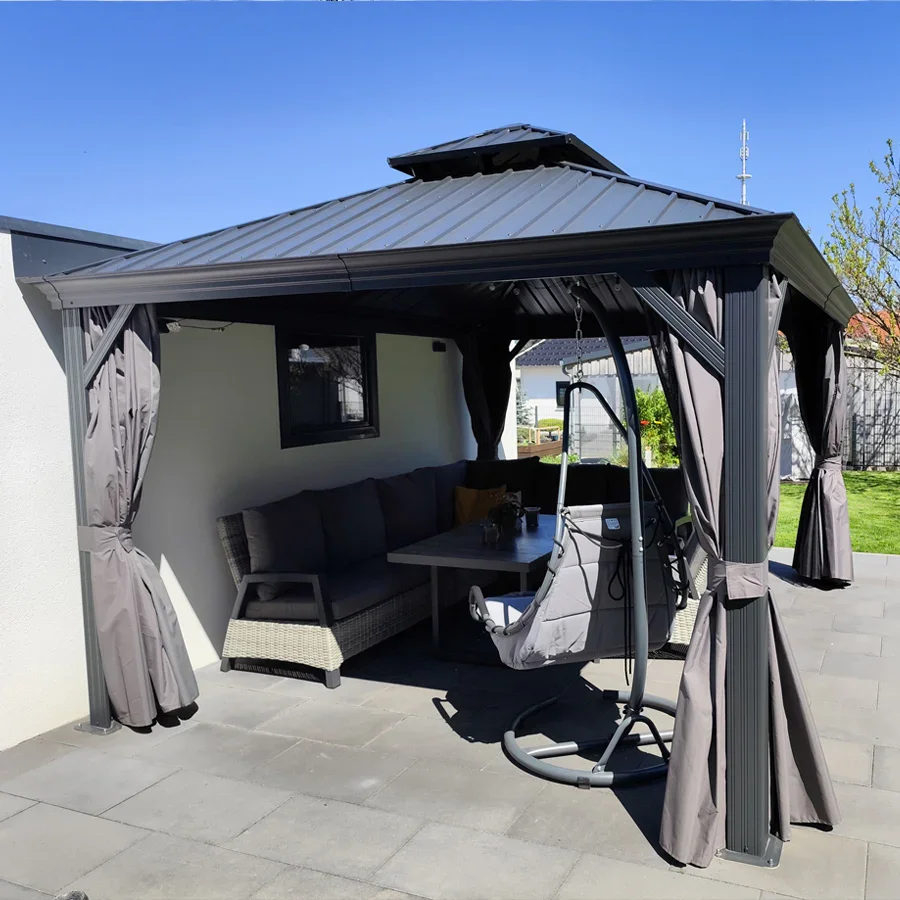 PURPLE LEAF Patio Gazebo for Backyard Grey Hardtop Galvanized Steel Roof Awning with Upgrade Curtain - Image 143