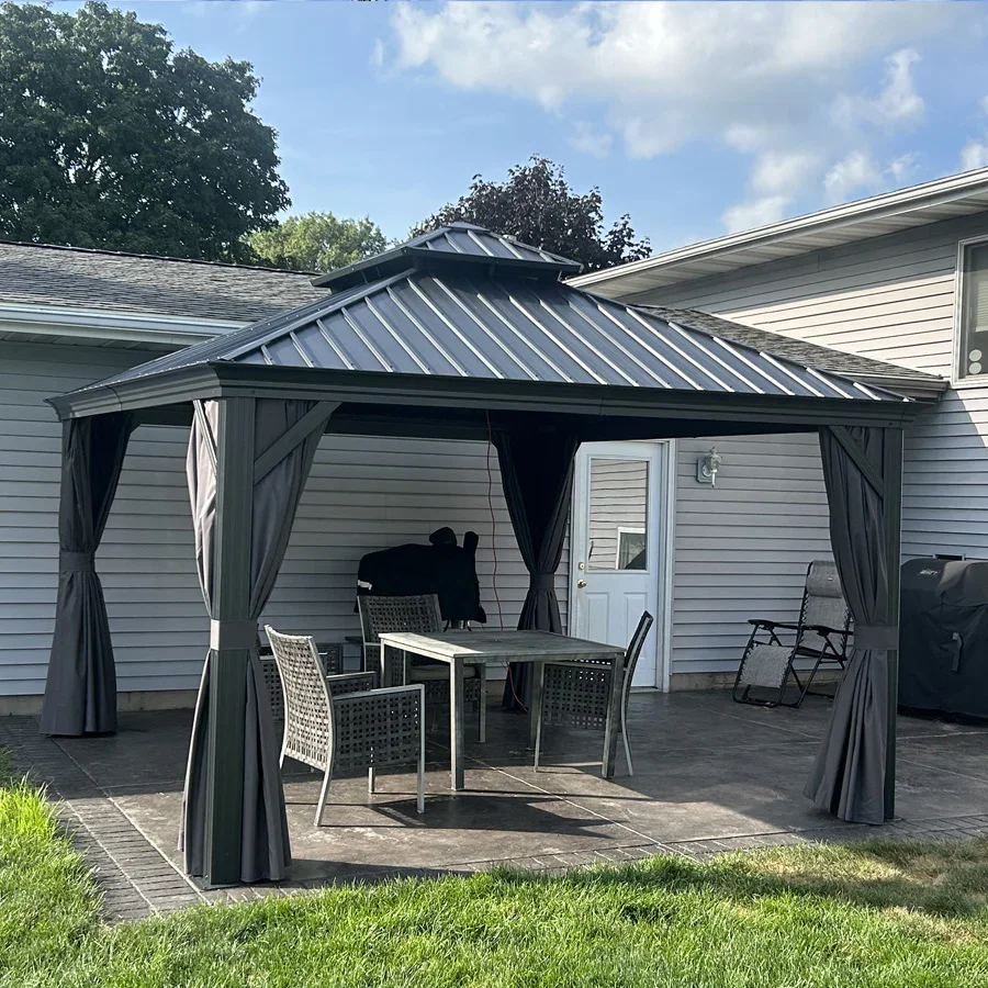 PURPLE LEAF Patio Gazebo for Backyard Grey Hardtop Galvanized Steel Roof Awning with Upgrade Curtain - Image 144