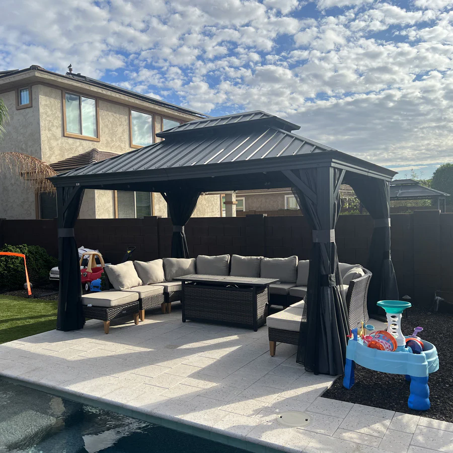 PURPLE LEAF Patio Gazebo for Backyard Grey Hardtop Galvanized Steel Roof Awning with Upgrade Curtain - Image 157