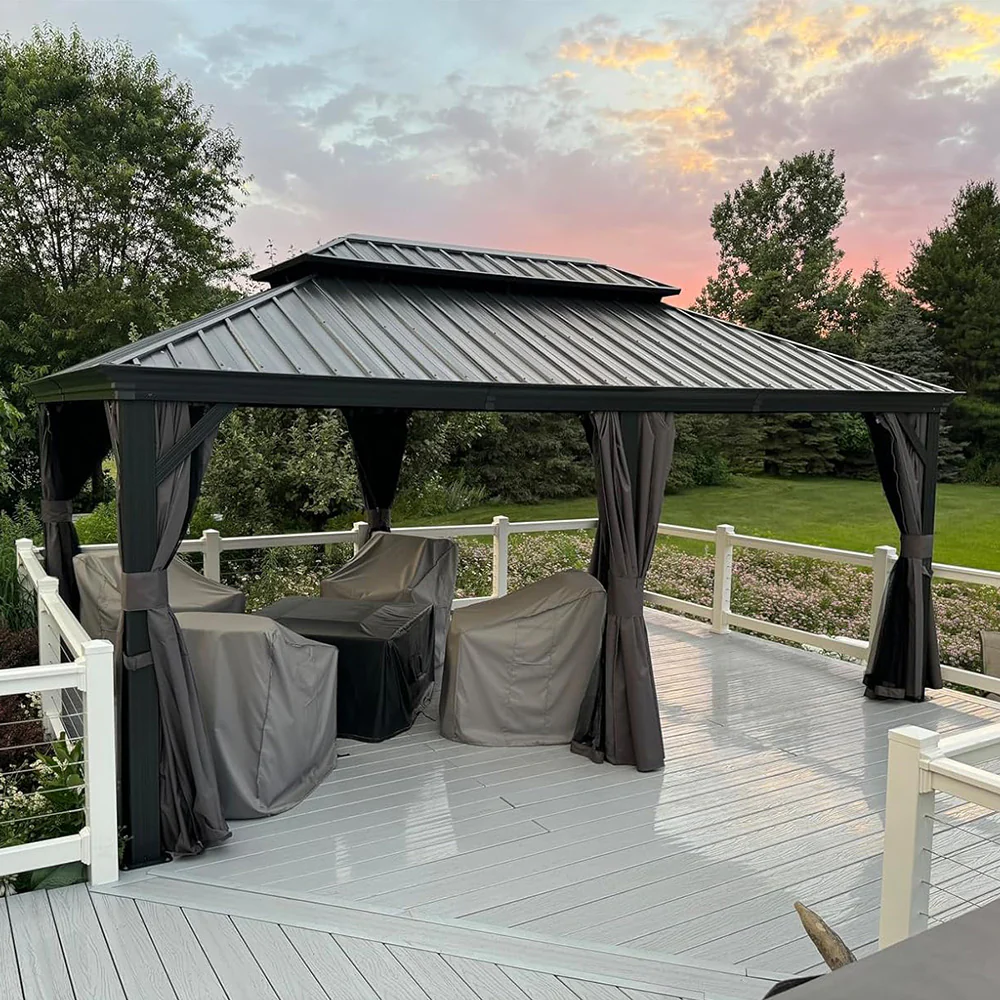 PURPLE LEAF Patio Gazebo for Backyard Grey Hardtop Galvanized Steel Roof Awning with Upgrade Curtain - Image 170