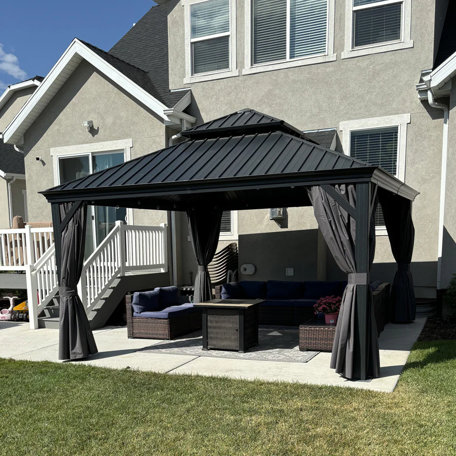 PURPLE LEAF Patio Gazebo for Backyard Grey Hardtop Galvanized Steel Roof Awning with Upgrade Curtain - Image 184