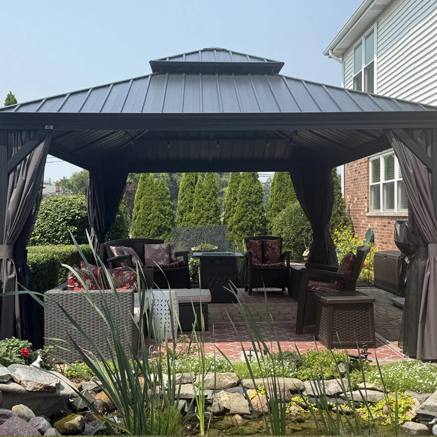 PURPLE LEAF Patio Gazebo for Backyard Grey Hardtop Galvanized Steel Roof Awning with Upgrade Curtain - Image 185