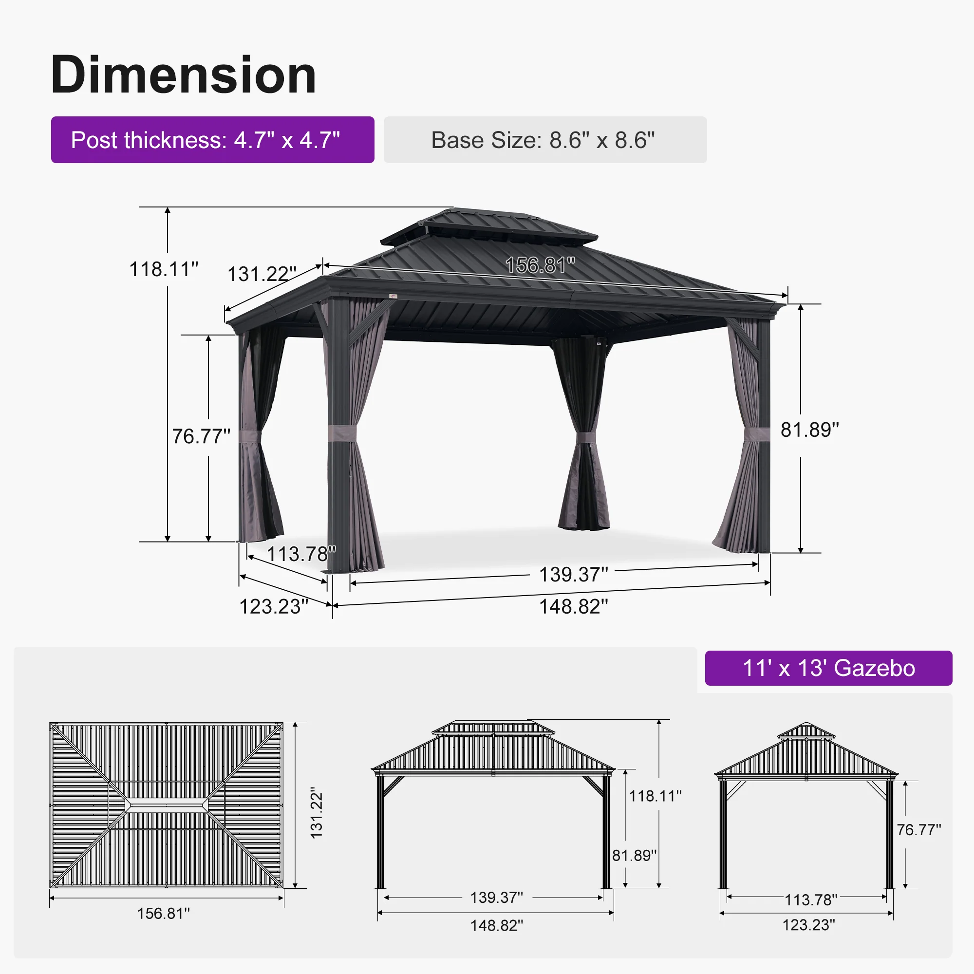 PURPLE LEAF Patio Gazebo for Backyard Grey Hardtop Galvanized Steel Roof Awning with Upgrade Curtain - Image 193