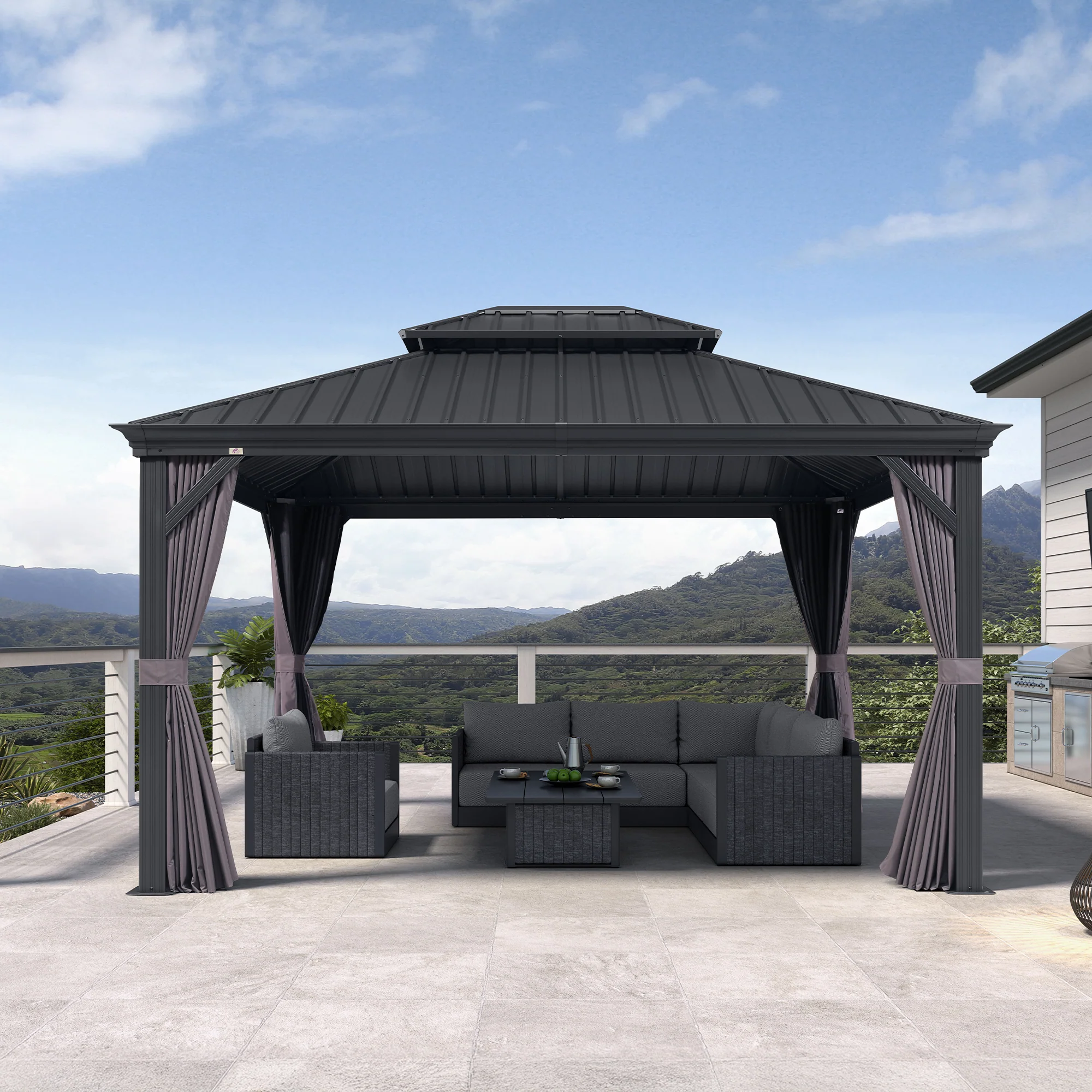 PURPLE LEAF Patio Gazebo for Backyard Grey Hardtop Galvanized Steel Roof Awning with Upgrade Curtain - Image 195