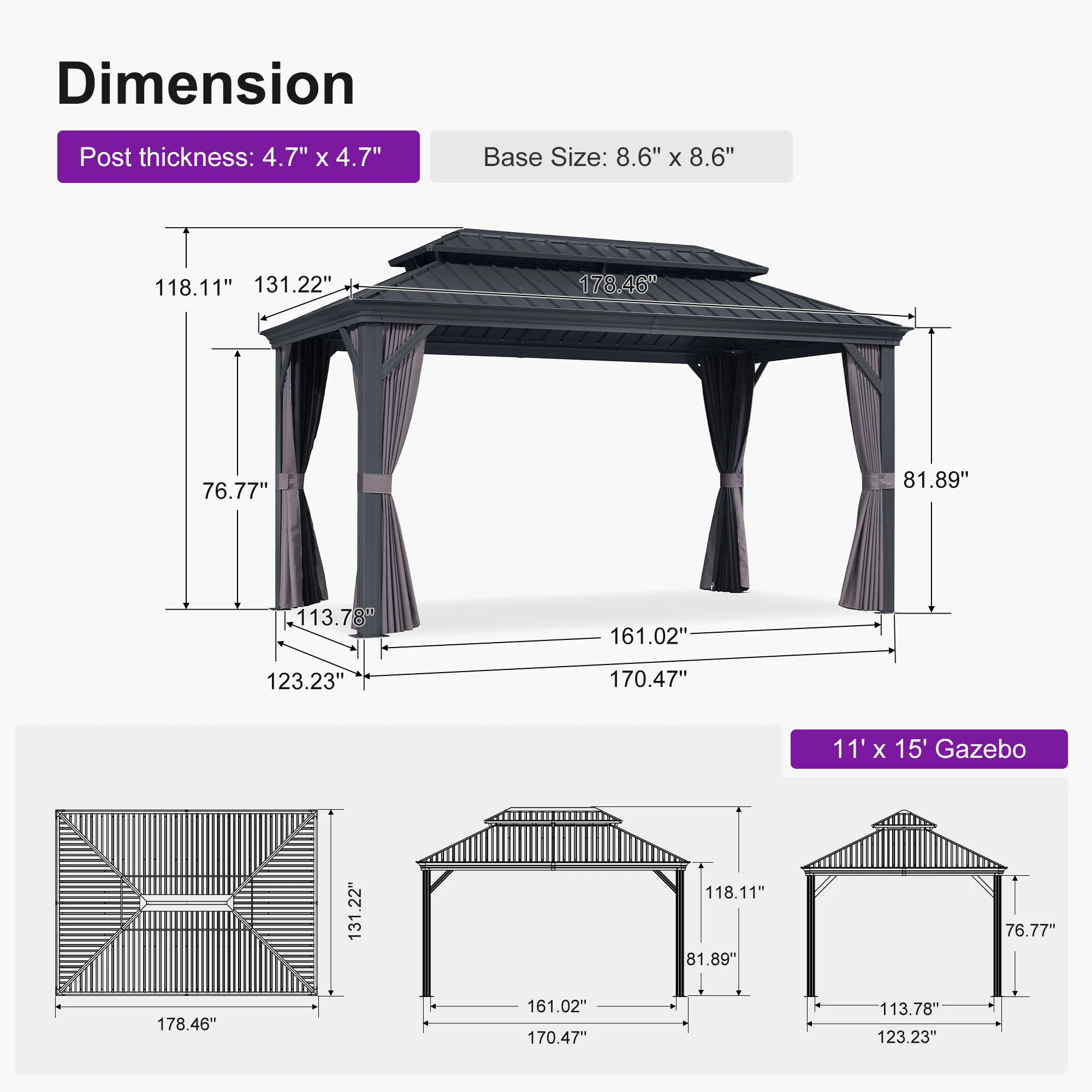 PURPLE LEAF Patio Gazebo for Backyard Grey Hardtop Galvanized Steel Roof Awning with Upgrade Curtain - Image 196