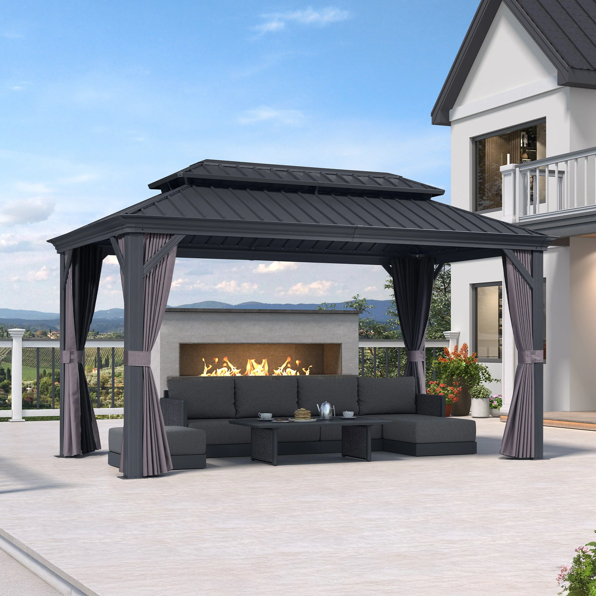 PURPLE LEAF Patio Gazebo for Backyard Grey Hardtop Galvanized Steel Roof Awning with Upgrade Curtain - Image 197