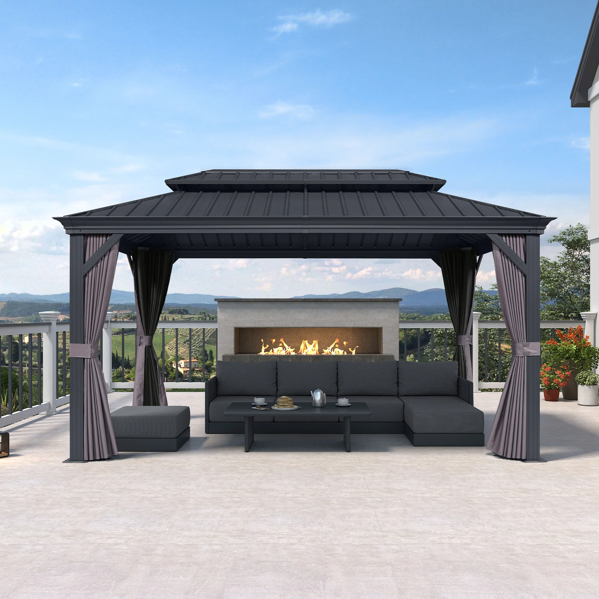 PURPLE LEAF Patio Gazebo for Backyard Grey Hardtop Galvanized Steel Roof Awning with Upgrade Curtain - Image 198