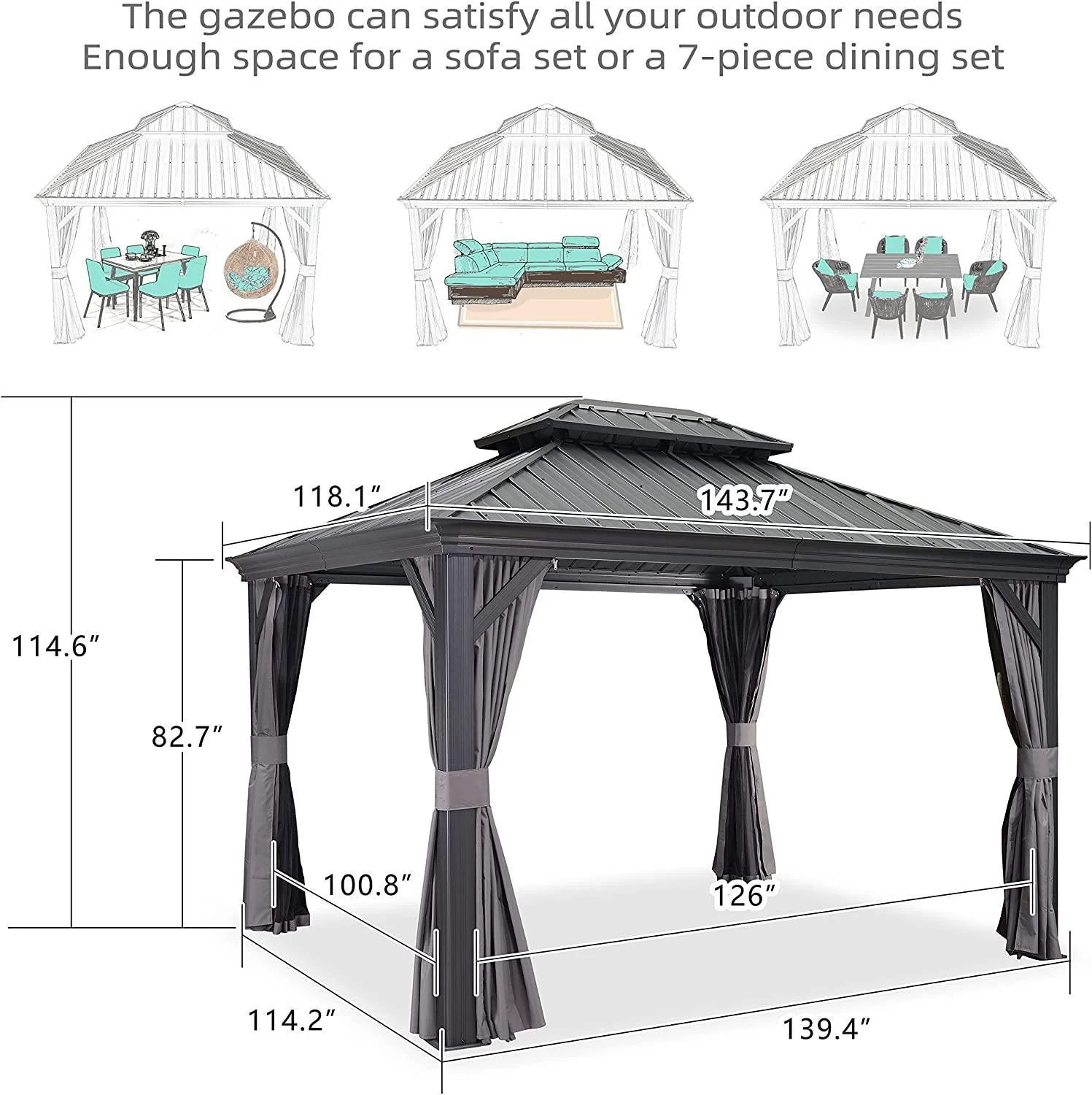 PURPLE LEAF Patio Gazebo for Backyard Grey Hardtop Galvanized Steel Roof Awning with Upgrade Curtain - Image 20