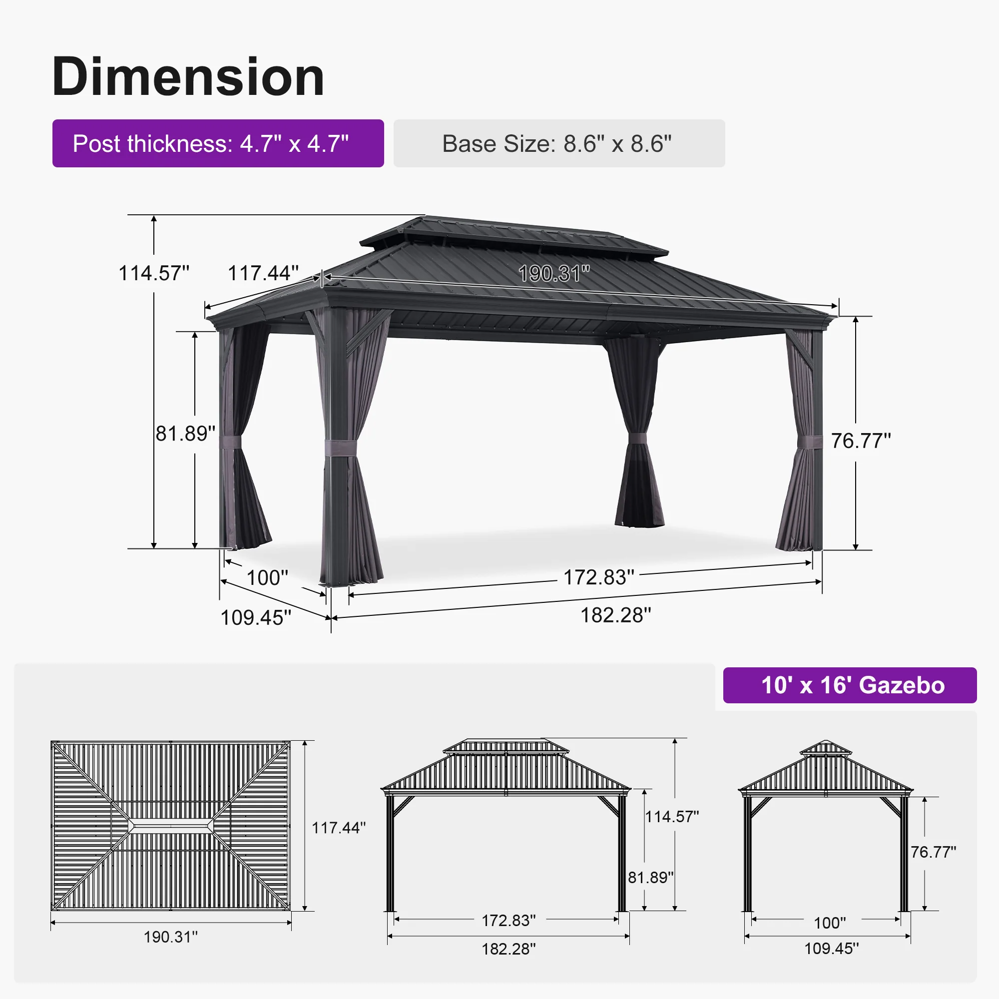 PURPLE LEAF Patio Gazebo for Backyard Grey Hardtop Galvanized Steel Roof Awning with Upgrade Curtain - Image 219