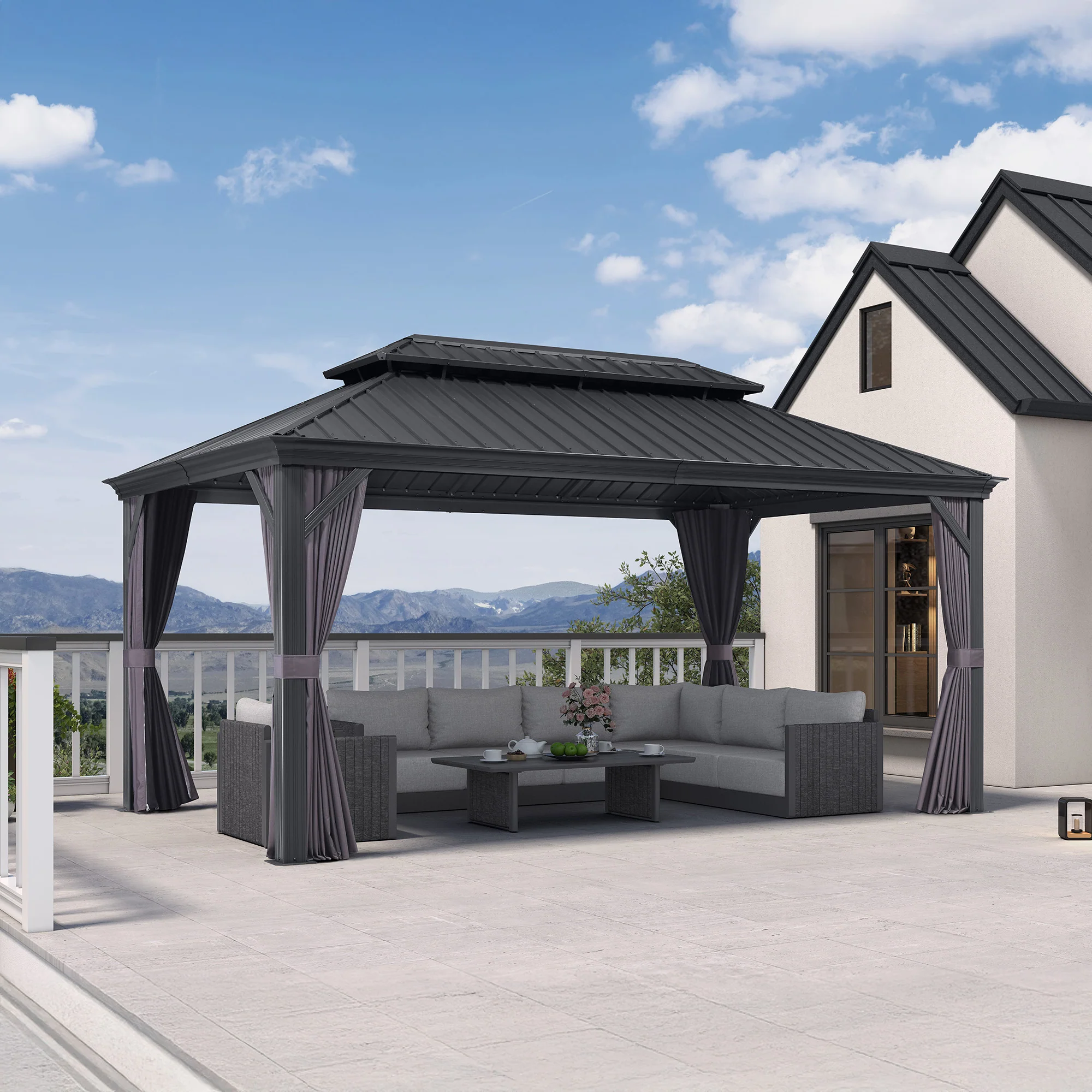 PURPLE LEAF Patio Gazebo for Backyard Grey Hardtop Galvanized Steel Roof Awning with Upgrade Curtain - Image 220