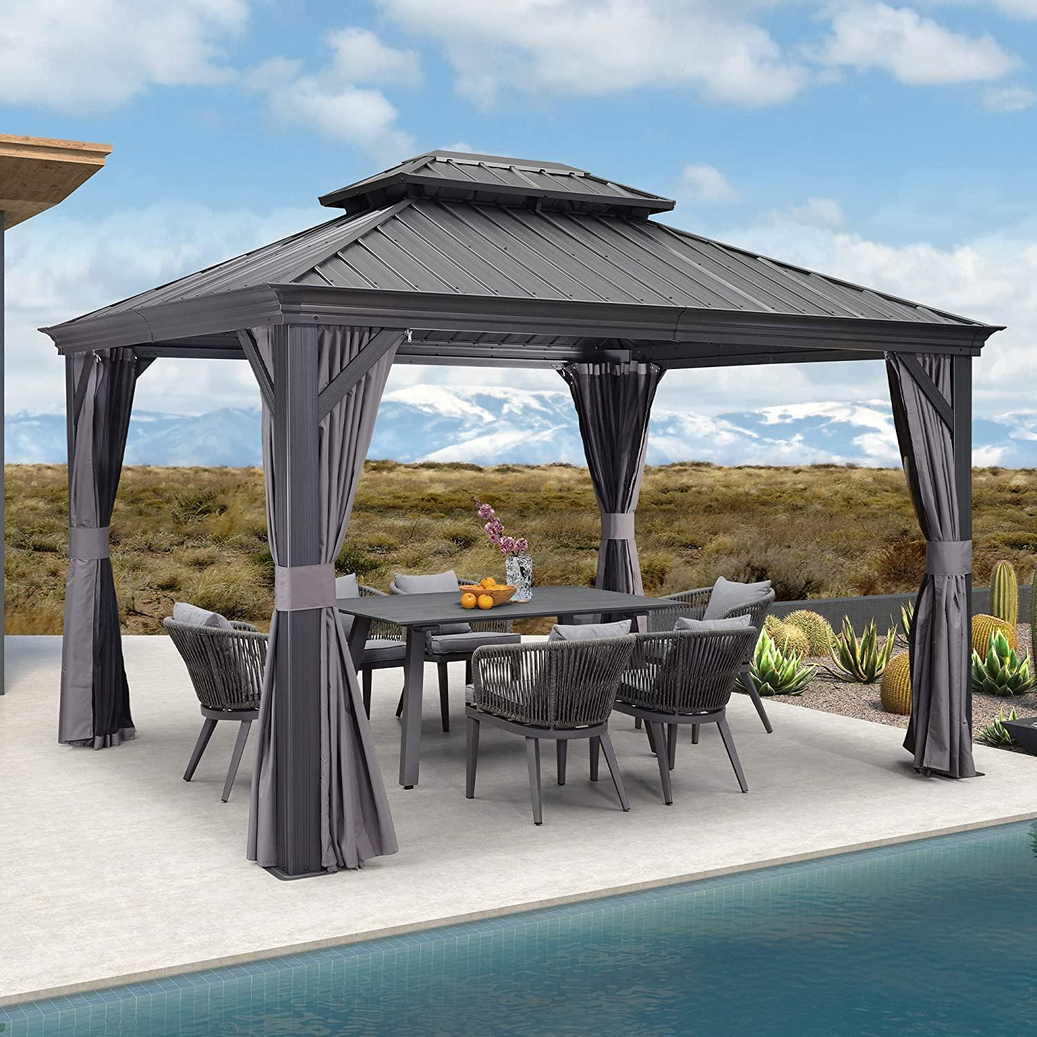 PURPLE LEAF Patio Gazebo for Backyard Grey Hardtop Galvanized Steel Roof Awning with Upgrade Curtain - Image 30