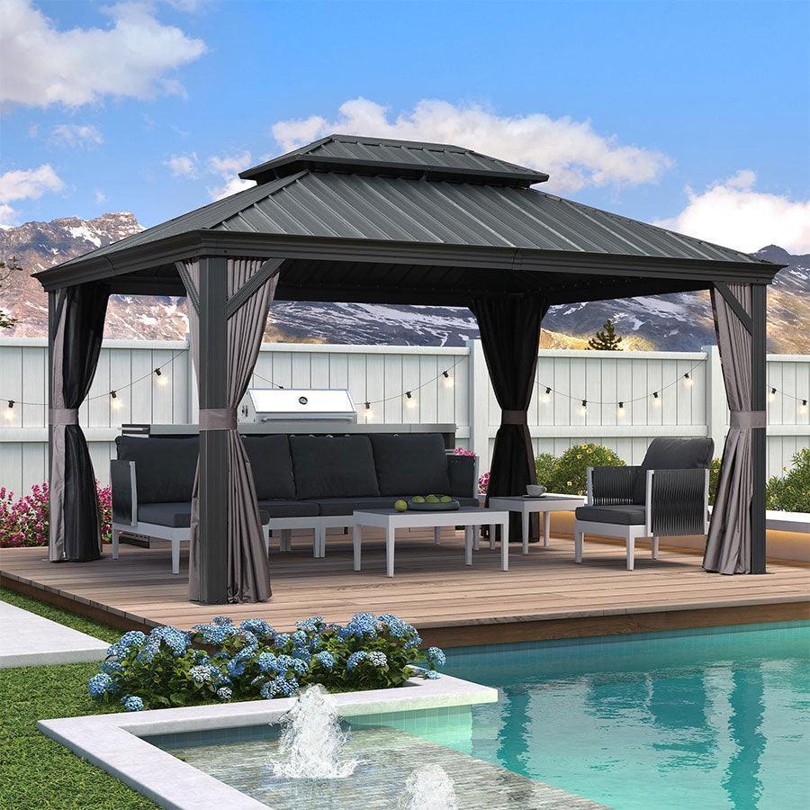 PURPLE LEAF Patio Gazebo for Backyard Grey Hardtop Galvanized Steel Roof Awning with Upgrade Curtain - Image 48