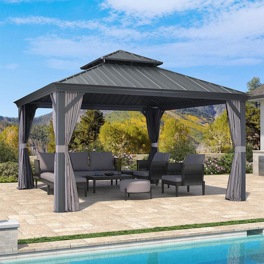 PURPLE LEAF Patio Gazebo for Backyard Grey Hardtop Galvanized Steel Roof Awning with Upgrade Curtain - Image 51