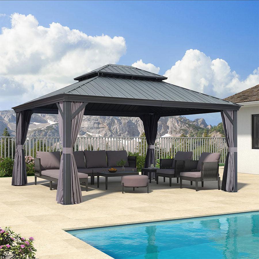 PURPLE LEAF Patio Gazebo for Backyard Grey Hardtop Galvanized Steel Roof Awning with Upgrade Curtain - Image 52