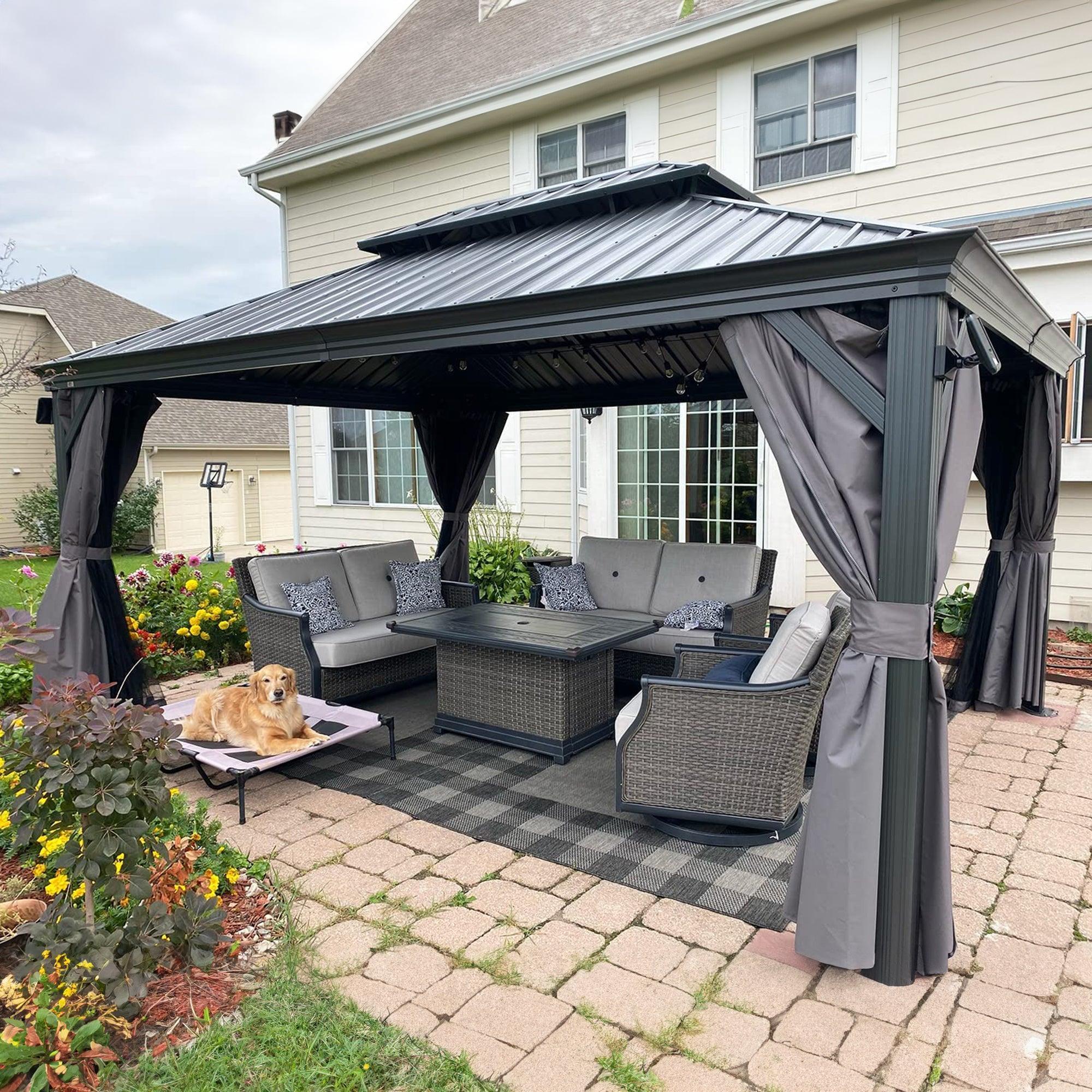 PURPLE LEAF Patio Gazebo for Backyard Grey Hardtop Galvanized Steel Roof Awning with Upgrade Curtain - Image 69