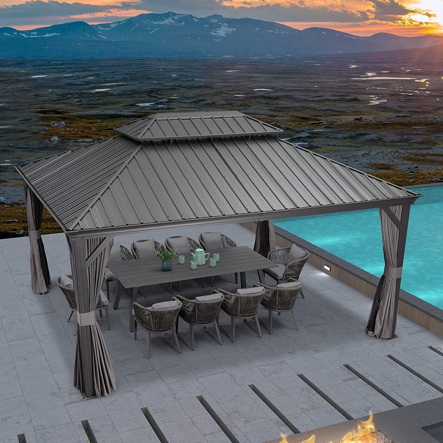 PURPLE LEAF Patio Gazebo for Backyard Grey Hardtop Galvanized Steel Roof Awning with Upgrade Curtain - Image 7