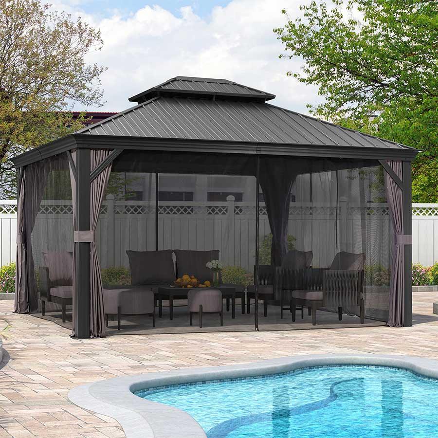 PURPLE LEAF Patio Gazebo for Backyard Grey Hardtop Galvanized Steel Roof Awning with Upgrade Curtain - Image 74