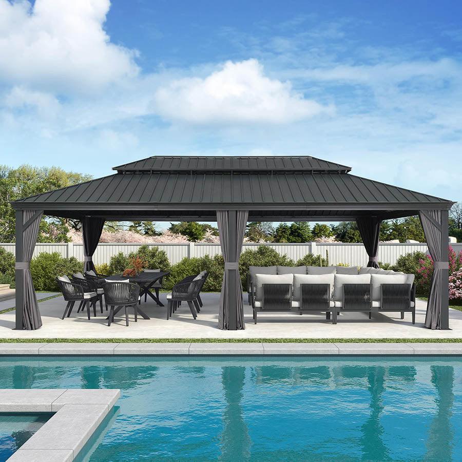 PURPLE LEAF Patio Gazebo for Backyard Grey Hardtop Galvanized Steel Roof Awning with Upgrade Curtain - Image 79