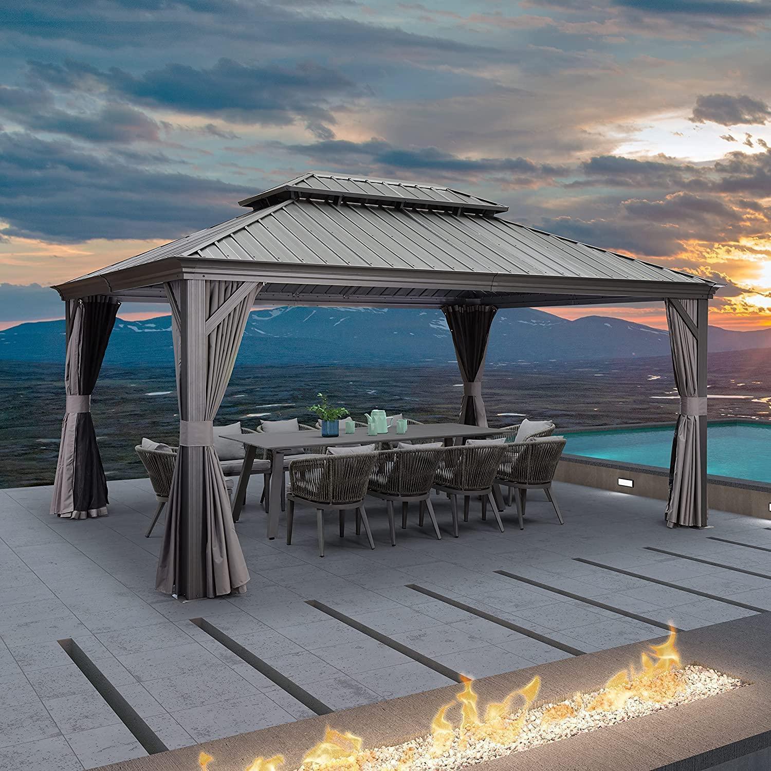 PURPLE LEAF Patio Gazebo for Backyard Grey Hardtop Galvanized Steel Roof Awning with Upgrade Curtain - Image 8