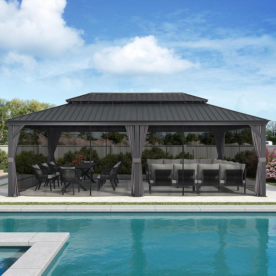 PURPLE LEAF Patio Gazebo for Backyard Grey Hardtop Galvanized Steel Roof Awning with Upgrade Curtain - Image 83