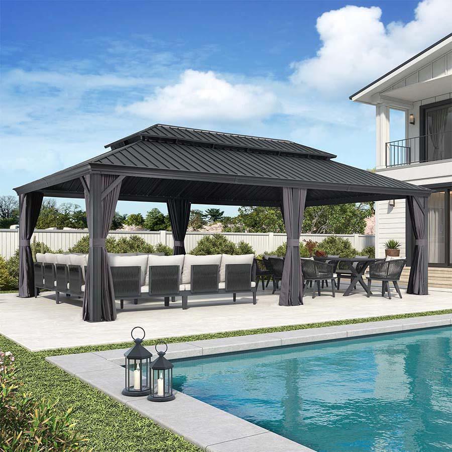 PURPLE LEAF Patio Gazebo for Backyard Grey Hardtop Galvanized Steel Roof Awning with Upgrade Curtain - Image 88