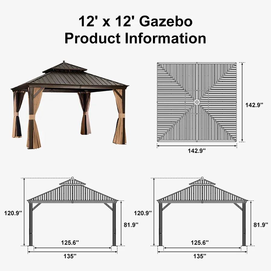 PURPLE LEAF Outdoor Hardtop Gazebo for Garden Bronze Double Roof Aluminum Frame Pavilion - Image 124