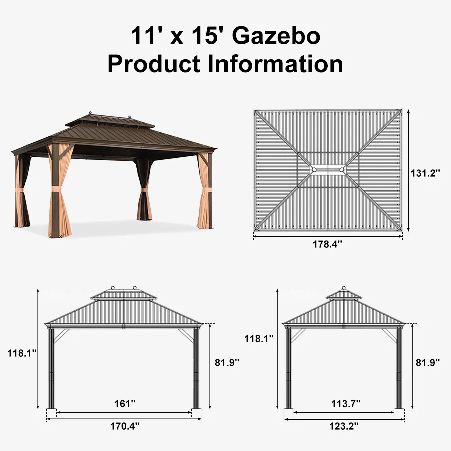 PURPLE LEAF Outdoor Hardtop Gazebo for Garden Bronze Double Roof Aluminum Frame Pavilion - Image 130