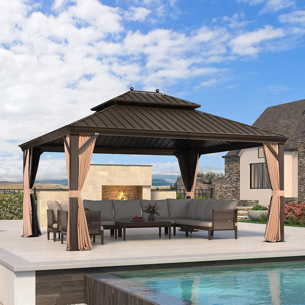 PURPLE LEAF Outdoor Hardtop Gazebo for Garden Bronze Double Roof Aluminum Frame Pavilion - Image 64