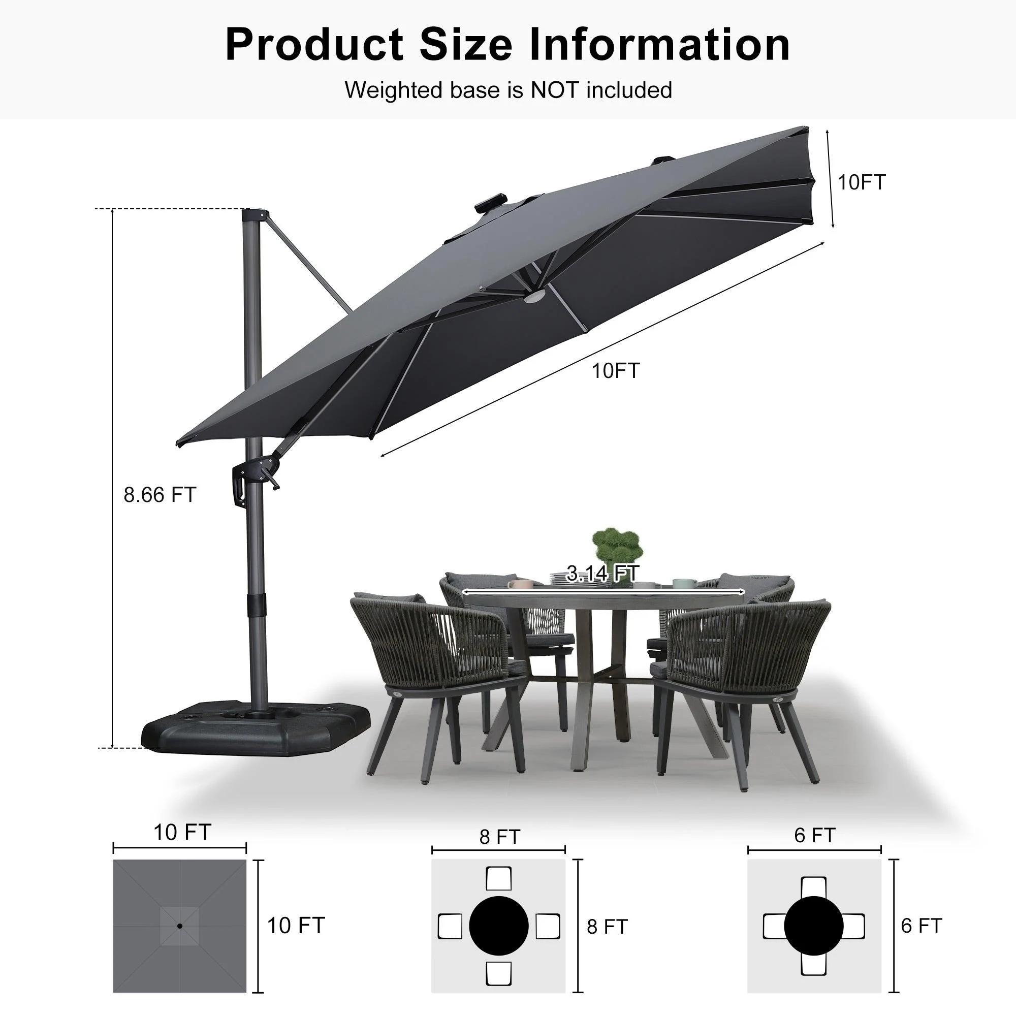 PURPLE LEAF 10ft Cantilever Patio Umbrella with LED Lights, 360° Swivel and Tilt - Image 218