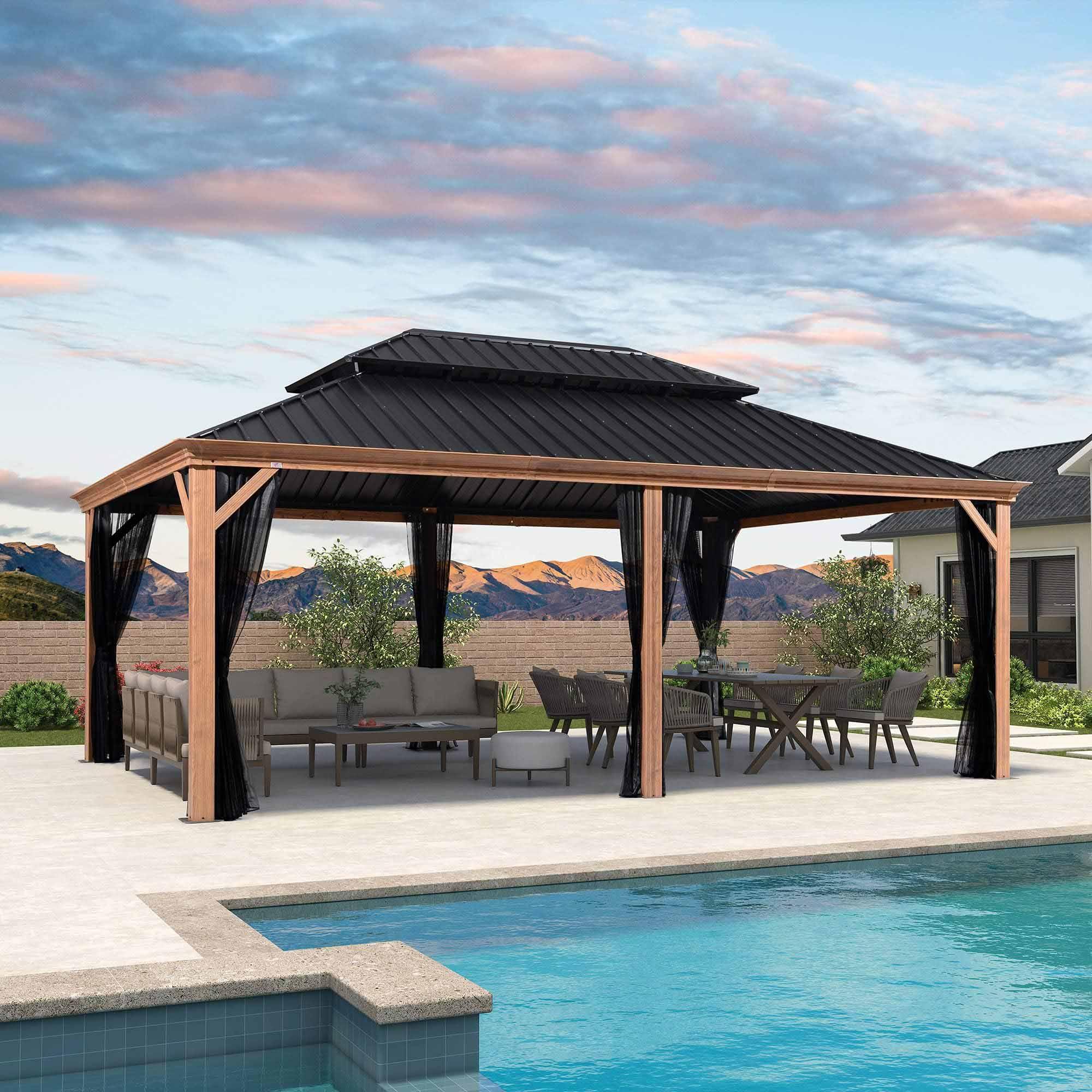 PURPLE LEAF Hardtop Gazebo for Patio Wood Grain Galvanized Steel Frame Awning with Netting - Image 100