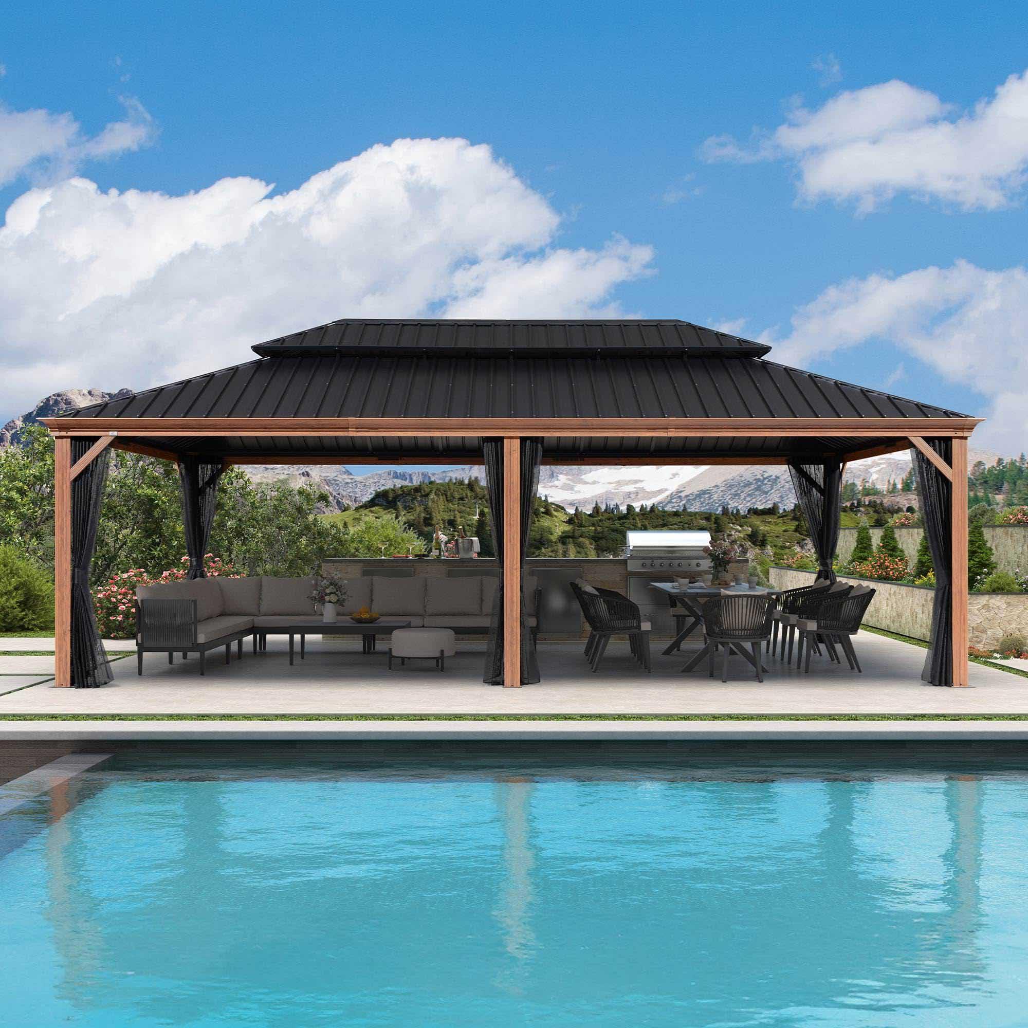 PURPLE LEAF Hardtop Gazebo for Patio Wood Grain Galvanized Steel Frame Awning with Netting - Image 101