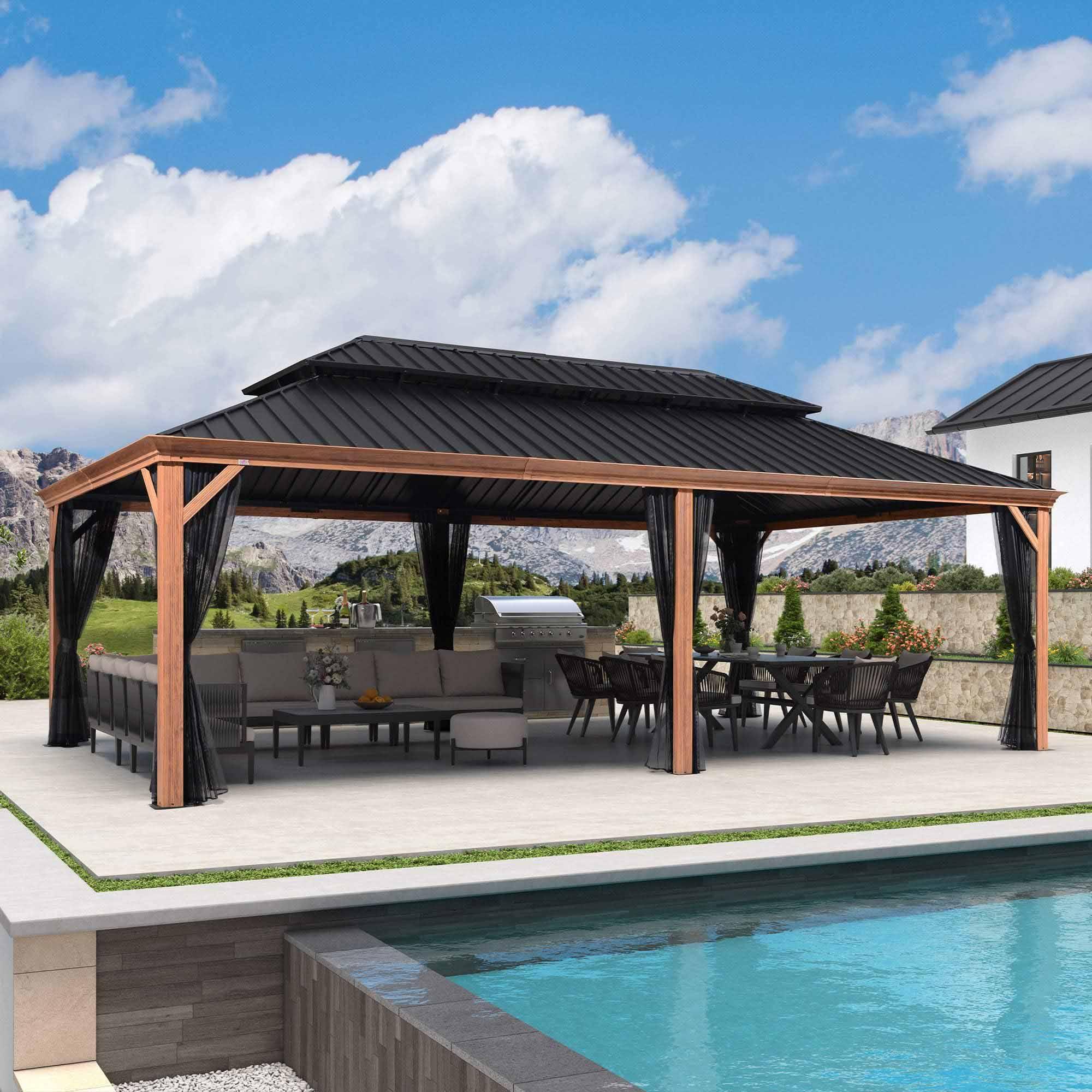 PURPLE LEAF Hardtop Gazebo for Patio Wood Grain Galvanized Steel Frame Awning with Netting - Image 102