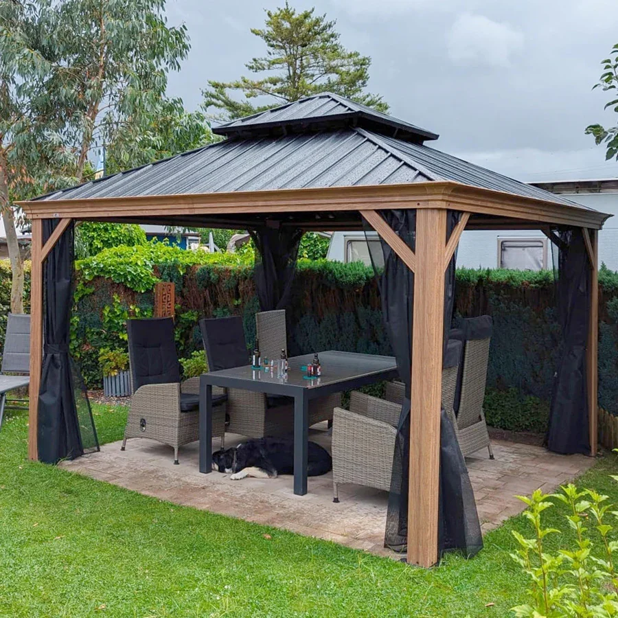 PURPLE LEAF Hardtop Gazebo for Patio Wood Grain Galvanized Steel Frame Awning with Netting - Image 105