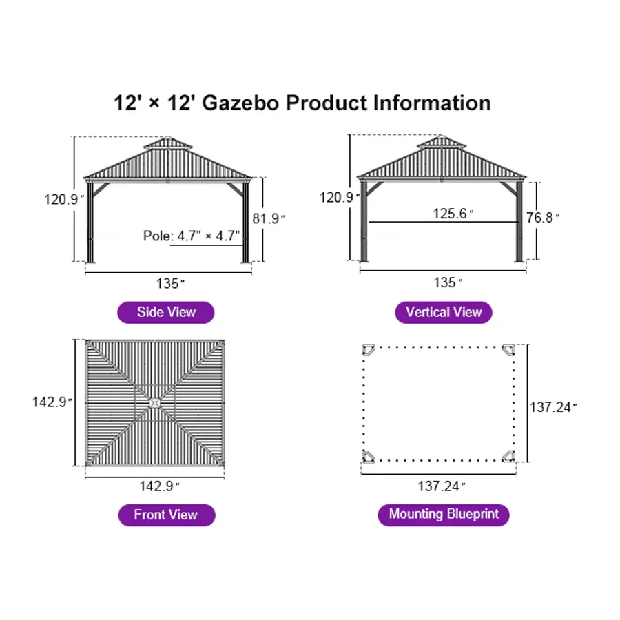 PURPLE LEAF Hardtop Gazebo for Patio Wood Grain Galvanized Steel Frame Awning with Netting - Image 108
