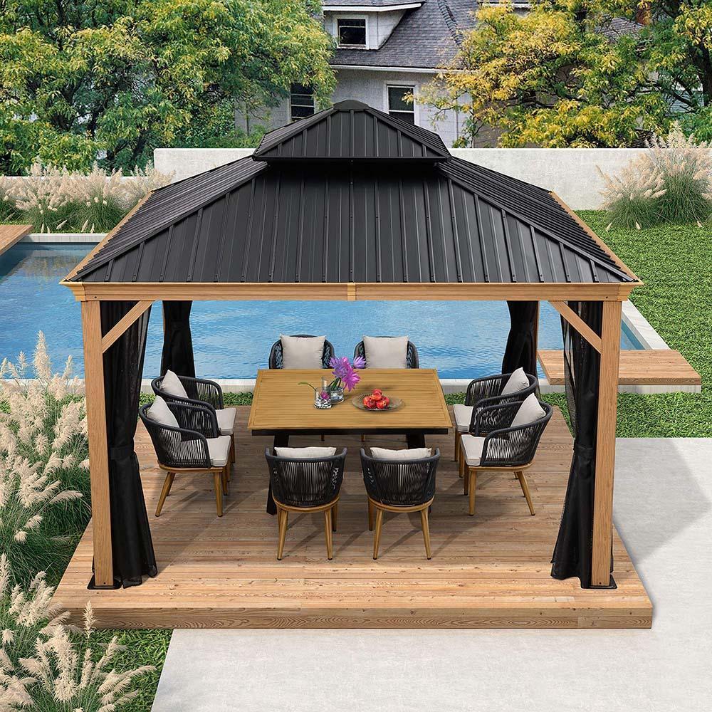 PURPLE LEAF Hardtop Gazebo for Patio Wood Grain Galvanized Steel Frame Awning with Netting - Image 11