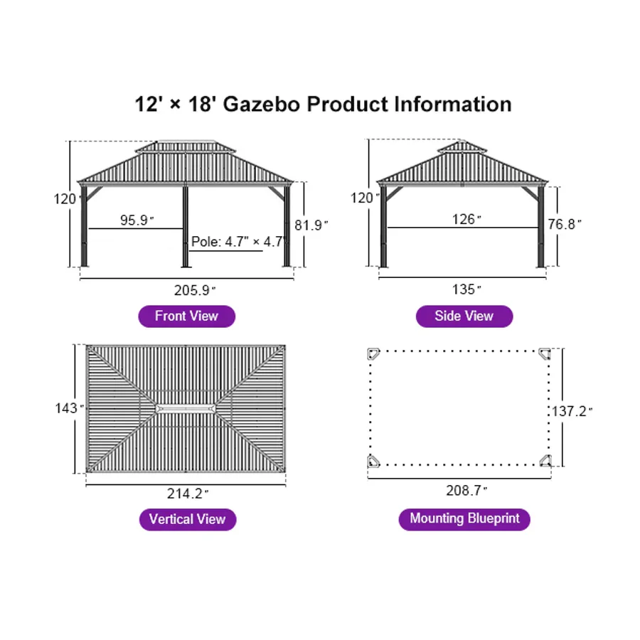 PURPLE LEAF Hardtop Gazebo for Patio Wood Grain Galvanized Steel Frame Awning with Netting - Image 110